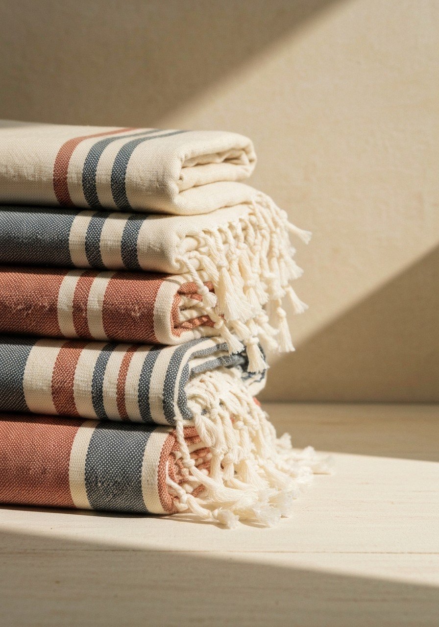 Striped fringed towels stacked