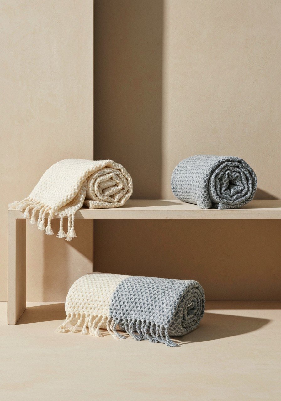 Rolled towels on shelves