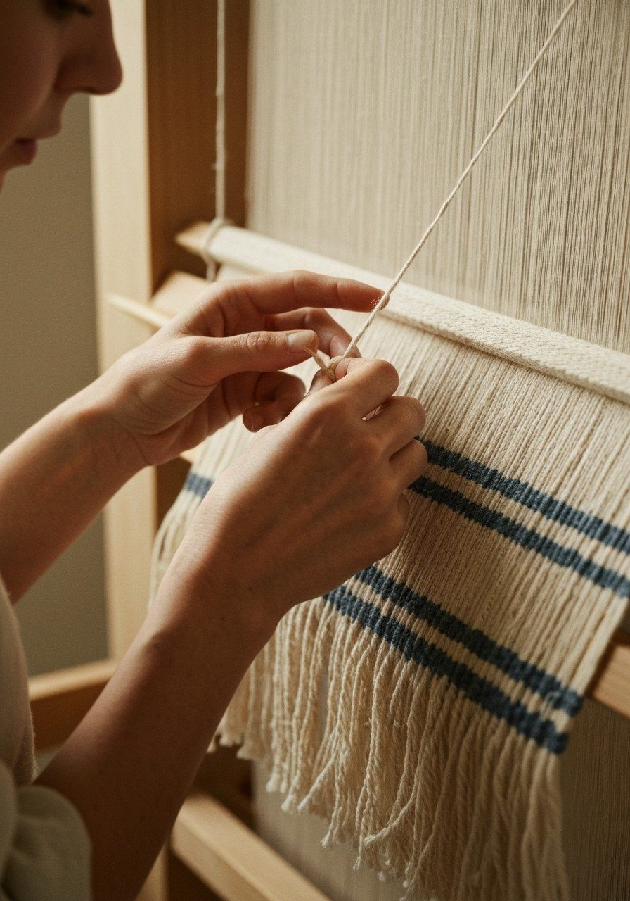 Hands weaving on a loom